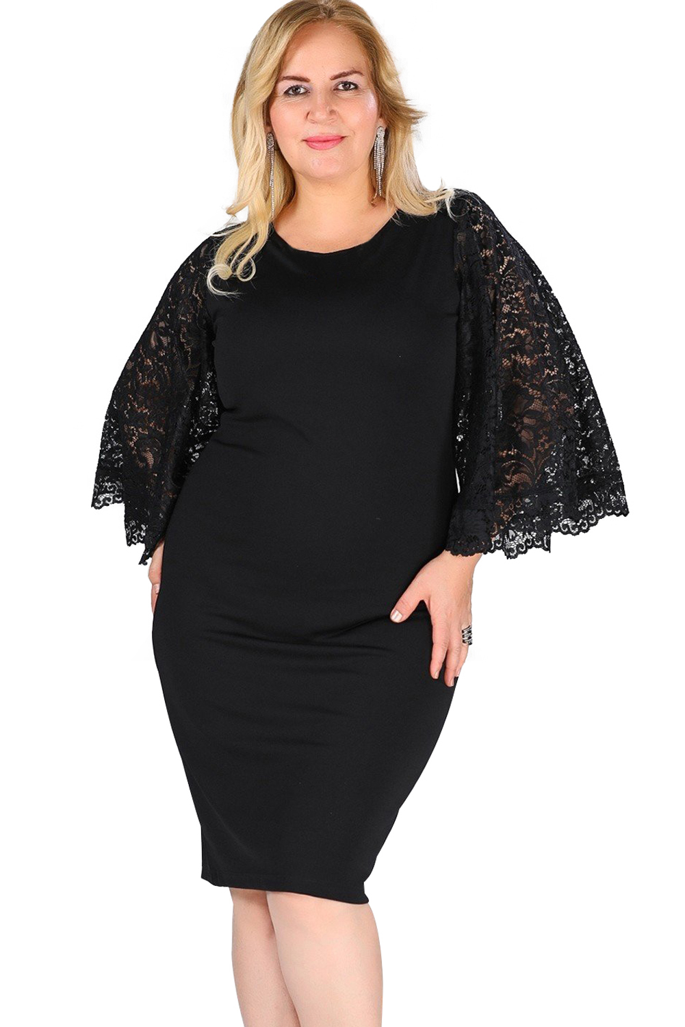 BY610518-2 BLACK LACE FLUTTER SLEEVE PLUS SIZE BODYCON DRESS